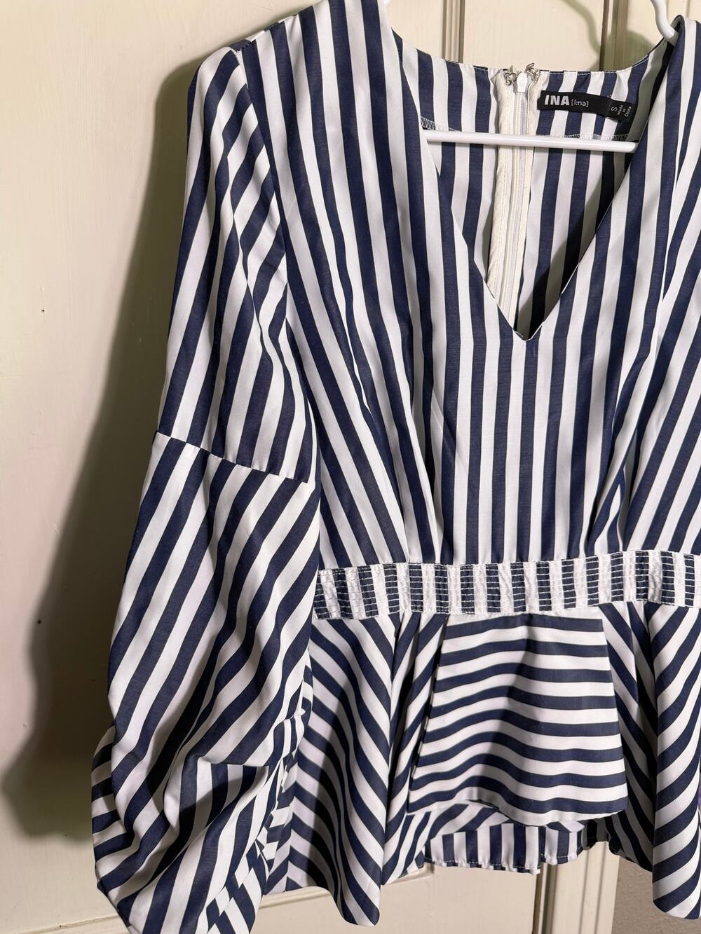 INA Women's Striped Peplum Blouse Blue White Balloon Sleeve V Neck Top - Small